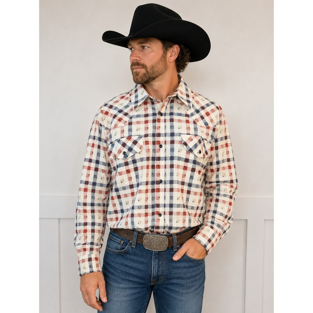 Gibson Trading Company Mens XL Western Snap Shirt Plaid Geometric Red Blue Cream